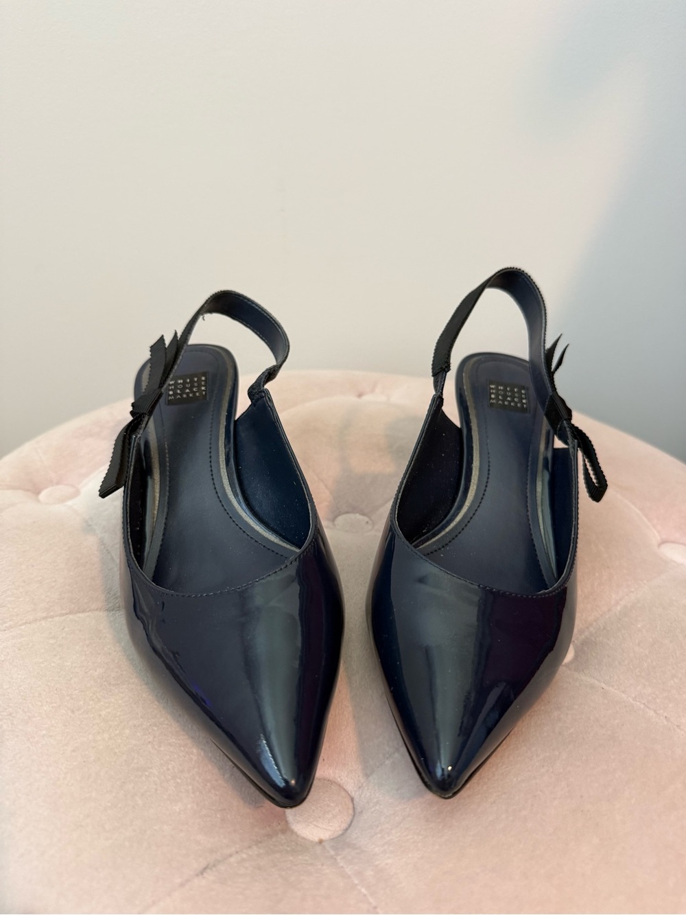 White House Black Market Glossy Navy Pointed Slingback Flats with Bow